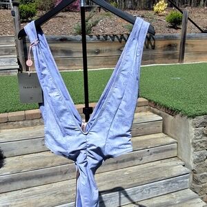 House of CB Blue Paisley One Piece Swimsuit Plunge Cut Out Lavender Size M NWT